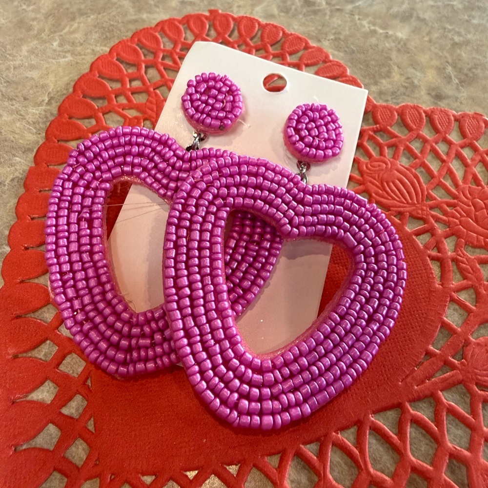 Handmade Pink Heart Beaded Drop Earrings